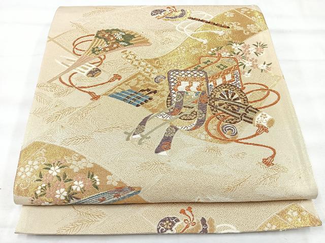 平和屋着物◎六通柄袋帯 銘明錦 楽器御所車文 金銀糸 正絹 逸品 CABH1976nb