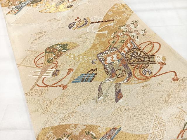 平和屋着物◎六通柄袋帯 銘明錦 楽器御所車文 金銀糸 正絹 逸品 CABH1976nb