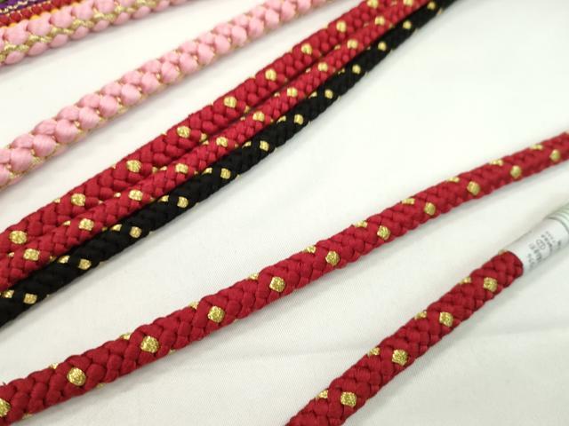 平和屋着物▼和装小物 帯締め3本セット 振袖用 飾り付き パール ピンク 赤×黒 草色 金糸 逸品 未使用 CABH2136ju