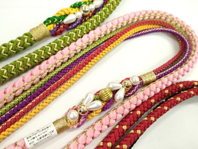 平和屋着物▼和装小物 帯締め3本セット 振袖用 飾り付き パール ピンク 赤×黒 草色 金糸 逸品 未使用 CABH2136ju