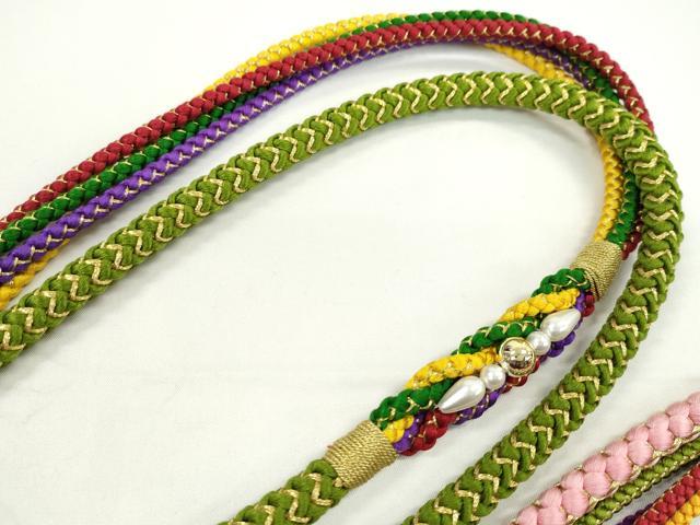 平和屋着物▼和装小物 帯締め3本セット 振袖用 飾り付き パール ピンク 赤×黒 草色 金糸 逸品 未使用 CABH2136ju