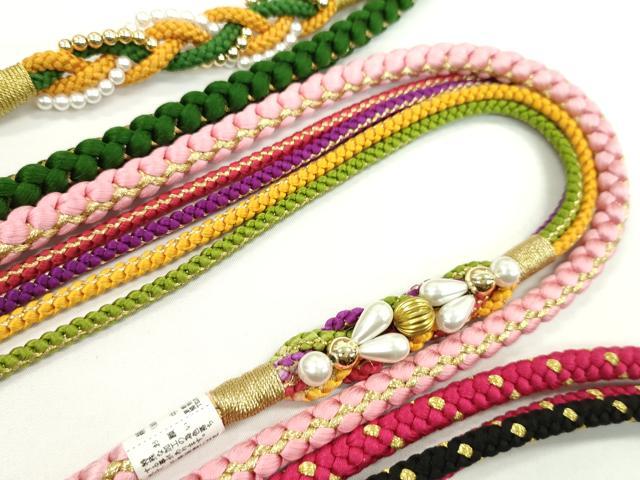 平和屋着物▼和装小物 帯締め3本セット 振袖用 飾り付き パール ピンク ルビー色 千歳緑 金糸 逸品 未使用 CABH2143ju