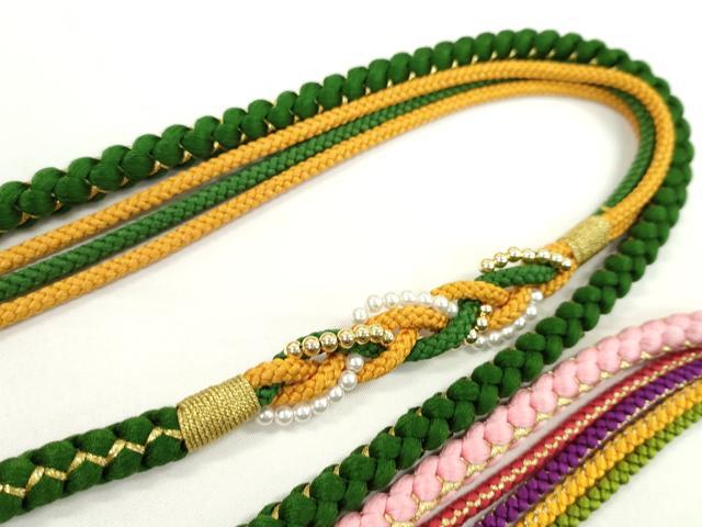 平和屋着物▼和装小物 帯締め3本セット 振袖用 飾り付き パール ピンク ルビー色 千歳緑 金糸 逸品 未使用 CABH2143ju