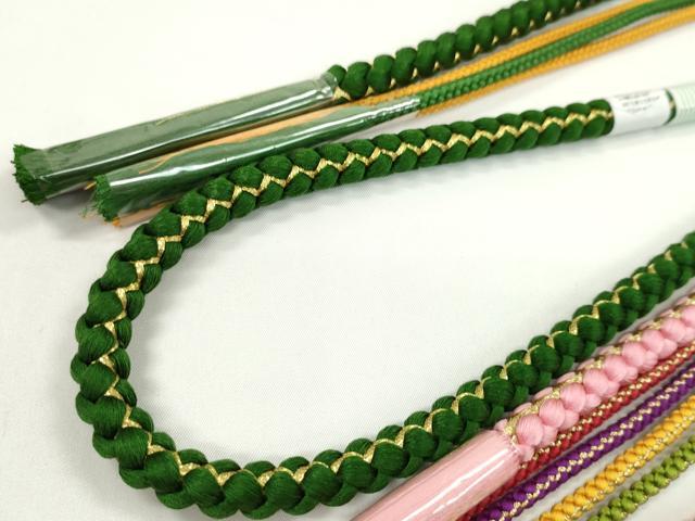 平和屋着物▼和装小物 帯締め3本セット 振袖用 飾り付き パール ピンク ルビー色 千歳緑 金糸 逸品 未使用 CABH2143ju