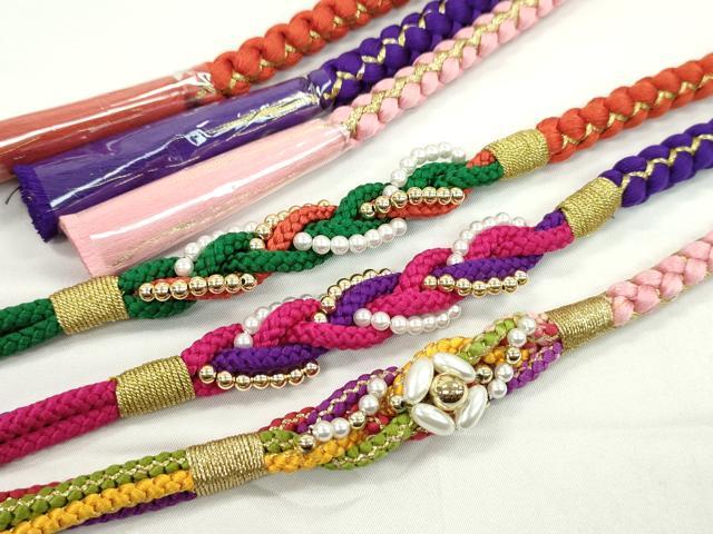 平和屋着物▼和装小物 帯締め3本セット 振袖用 飾り付き パール ピンク 紫 緋色 金糸 逸品 未使用 CABH2149ju