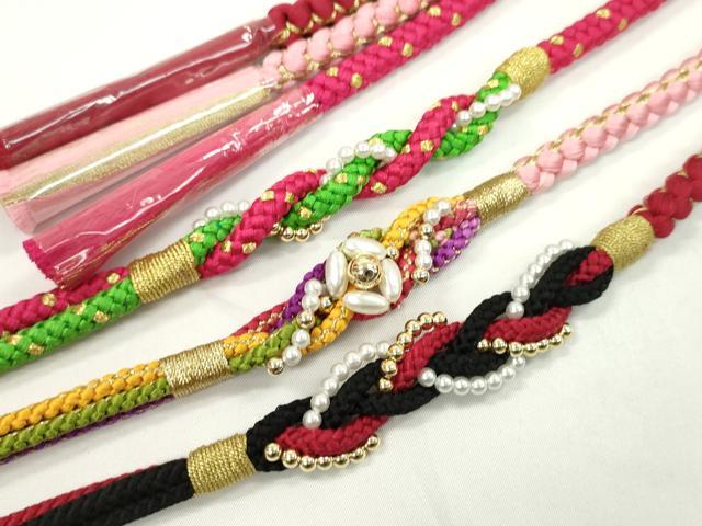 平和屋着物▼和装小物 帯締め3本セット 振袖用 飾り付き パール ピンク 赤 金糸 逸品 未使用 CABH2150ju