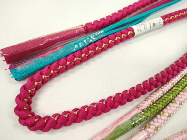 平和屋着物▼和装小物 帯締め3本セット 振袖用 飾り付き パール 花 緋色 薄ピンク ルビー色 金糸 逸品 未使用 CABH2254ju