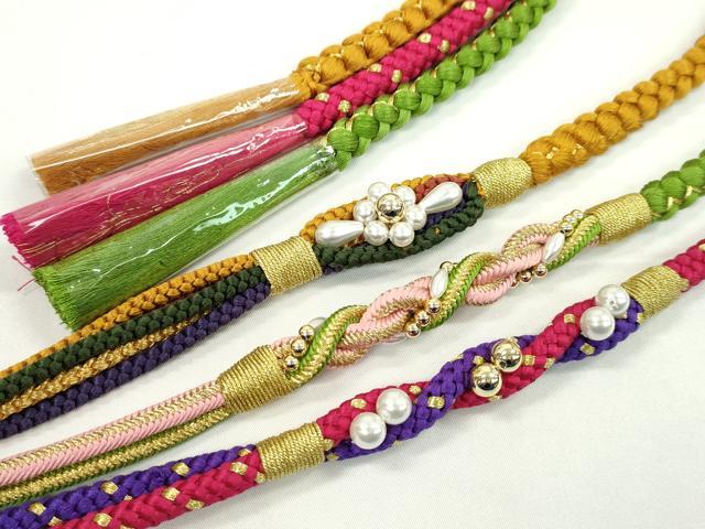 平和屋着物▼和装小物 帯締め3本セット 振袖用 飾り付き パール 花 ルビー色 狐色 草色 金糸 逸品 未使用 CABH2260ju
