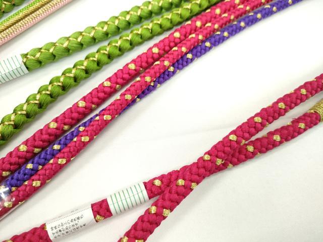 平和屋着物▼和装小物 帯締め3本セット 振袖用 飾り付き パール 花 ルビー色 狐色 草色 金糸 逸品 未使用 CABH2260ju