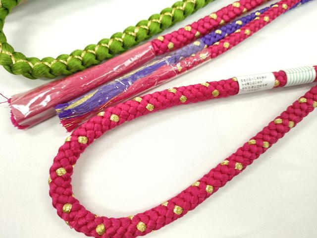 平和屋着物▼和装小物 帯締め3本セット 振袖用 飾り付き パール 花 ルビー色 狐色 草色 金糸 逸品 未使用 CABH2260ju
