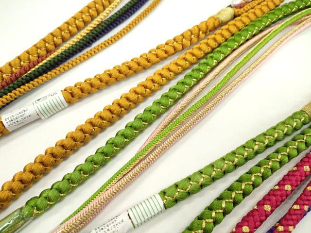 平和屋着物▼和装小物 帯締め3本セット 振袖用 飾り付き パール 花 ルビー色 狐色 草色 金糸 逸品 未使用 CABH2260ju