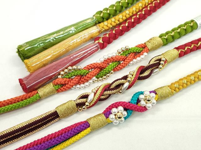 平和屋着物▼和装小物 帯締め3本セット 振袖用 飾り付き パール 花 赤 黄金色 草色 金糸 逸品 未使用 CABH2261ju