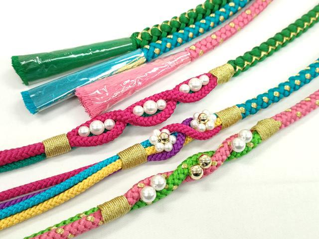 平和屋着物▼和装小物 帯締め3本セット 振袖用 飾り付き パール 花 ピンク シアン 緑青色 金糸 逸品 未使用 CABH2268ju