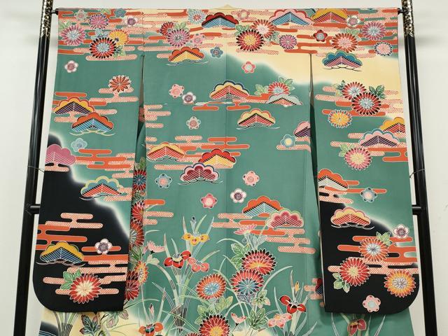 平和屋着物●豪華振袖 型染め 流水草花文 暈し染め 正絹 逸品 CABH2429ut