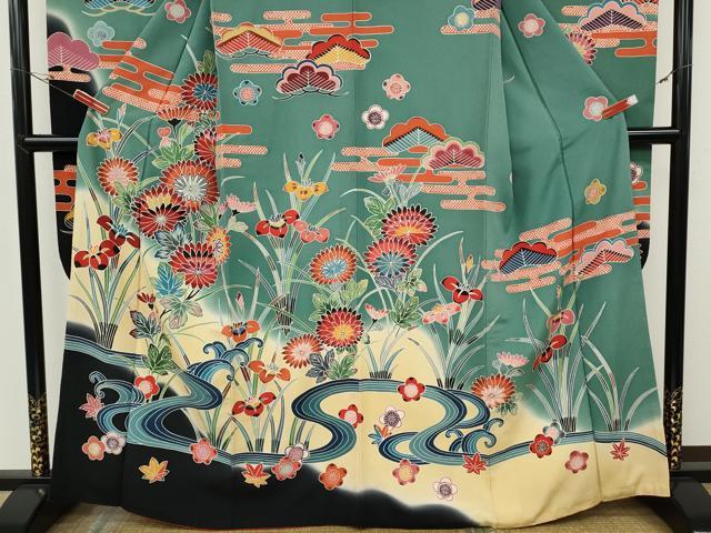 平和屋着物●豪華振袖 型染め 流水草花文 暈し染め 正絹 逸品 CABH2429ut