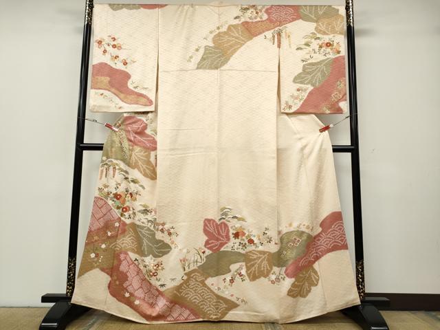 平和屋着物●訪問着 駒刺繍 絞り 道長草花文 金彩 正絹 逸品 CABH2435ut