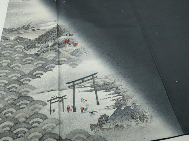 平和屋着物●訪問着 作家物 紬地 手描き 遠山鳥居人物文 正絹 逸品 CABH2469ut
