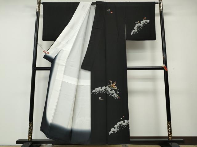 平和屋着物●訪問着 絞り 刺繍 雪芝花文 黒地 金糸 正絹 逸品 CABH2489ut