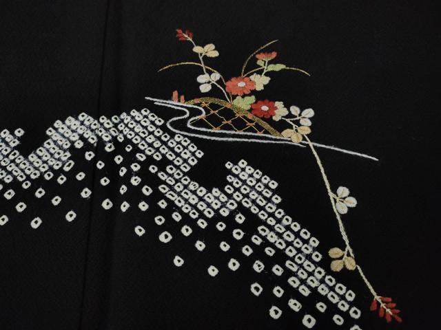 平和屋着物●訪問着 絞り 刺繍 雪芝花文 黒地 金糸 正絹 逸品 CABH2489ut
