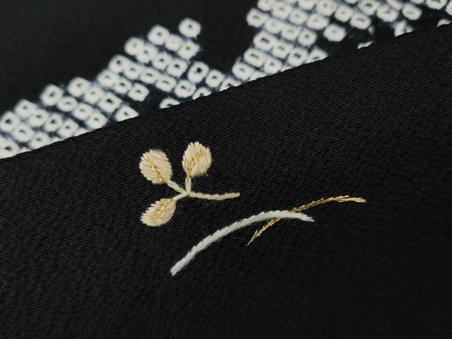 平和屋着物●訪問着 絞り 刺繍 雪芝花文 黒地 金糸 正絹 逸品 CABH2489ut