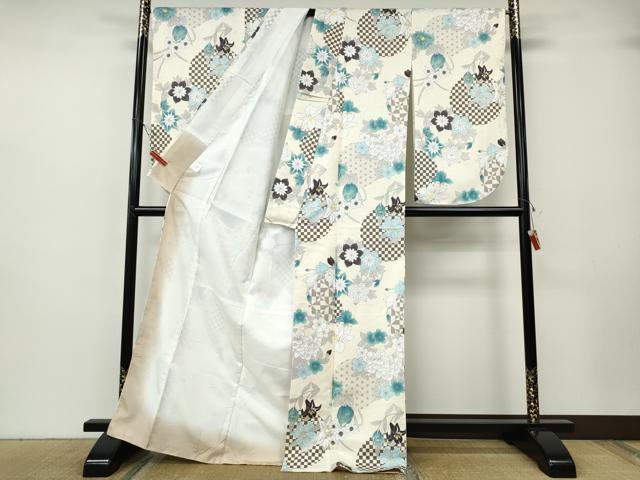 平和屋着物●小振袖 二尺袖 市松麻の葉花丸文 洗える着物 未使用 CABH2670ut