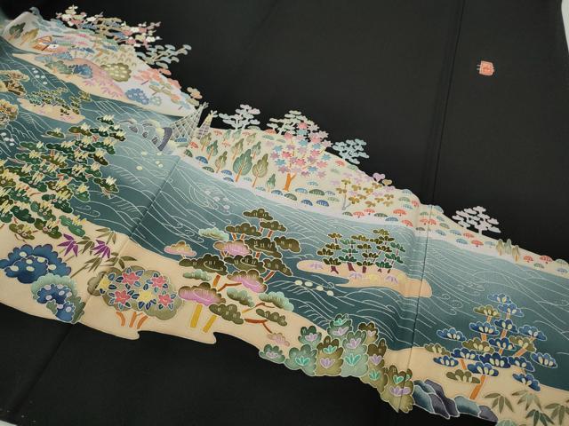 平和屋着物●本加賀友禅作家 寺井英世 黒留袖 立波人物船草花文 正絹 逸品 CABH2695ut
