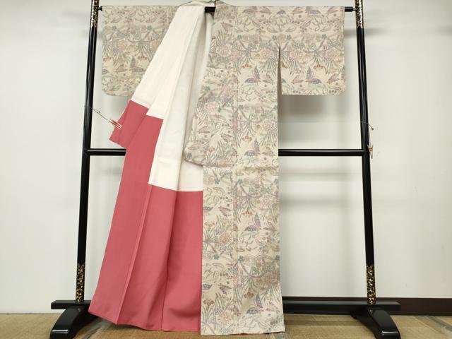 平和屋着物●小千谷紬 流水花蝶文 正絹 逸品 CABH2698ut