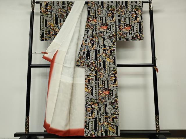 平和屋着物●上質な小紋 飛鶴地紙花文 黒地 金彩 正絹 逸品 CABH2703ut