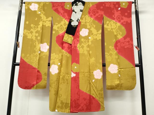 平和屋着物●振袖用長襦袢 袷 絞り 舞梅文 金彩 半衿刺繍 正絹 逸品 CABH2713ut