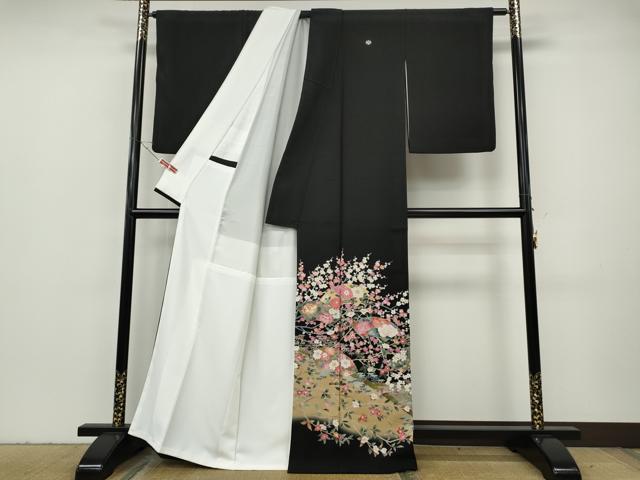 平和屋着物●豪華黒留袖 友禅 作家物 地紙枝花文 正絹 逸品 CABH2737ut