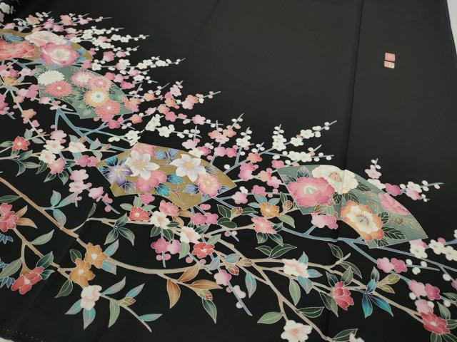 平和屋着物●豪華黒留袖 友禅 作家物 地紙枝花文 正絹 逸品 CABH2737ut
