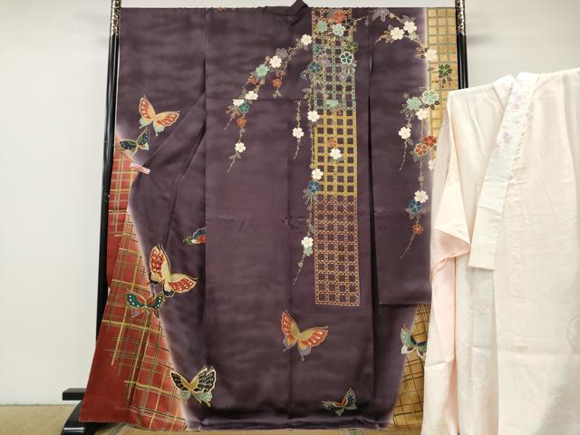 平和屋着物●世界的ファッションデザイナー 山本寛斎 kansaiブランド 振袖・長襦袢セット 駒刺繍 格子舞蝶文 金彩 半衿刺繍 逸品CABH2754ut