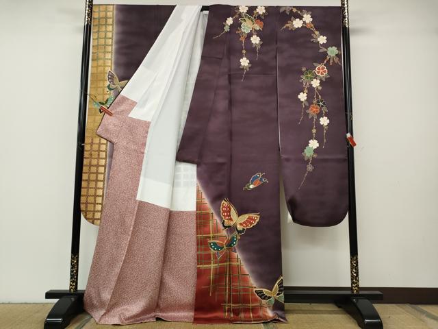 平和屋着物●世界的ファッションデザイナー 山本寛斎 kansaiブランド 振袖・長襦袢セット 駒刺繍 格子舞蝶文 金彩 半衿刺繍 逸品CABH2754ut