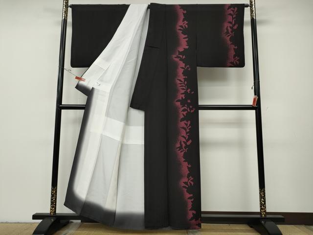 平和屋着物●訪問着 草花シルエット 黒地 正絹 逸品 CABH2762ut