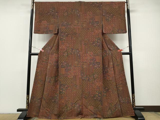 平和屋着物●上質な小紋 切嵌更紗花文 鬼しぼ縮緬 正絹 逸品 CABH2790ut