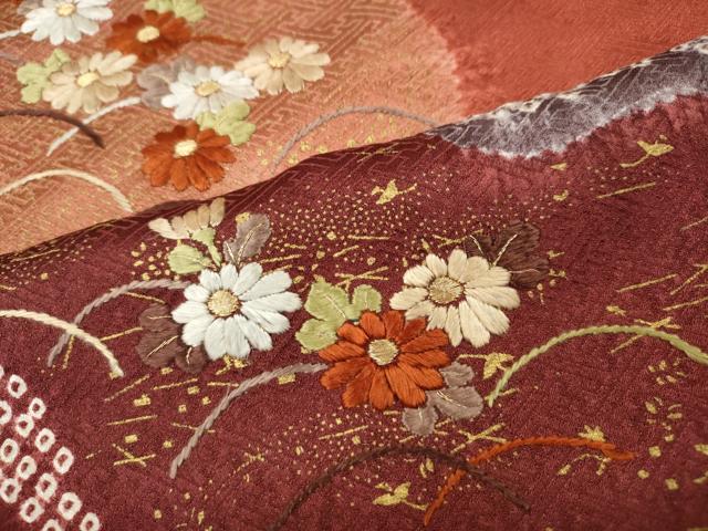 平和屋着物●訪問着 絞り 刺繍 道長芝草花文 金彩 正絹 逸品 CABH2793ut