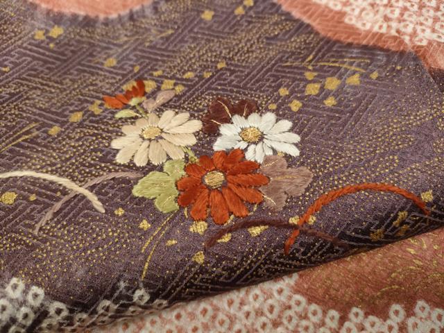 平和屋着物●訪問着 絞り 刺繍 道長芝草花文 金彩 正絹 逸品 CABH2793ut