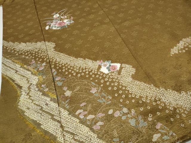 平和屋着物●訪問着 絞り 刺繍 流水花文 金糸 正絹 逸品 CABH2797ut