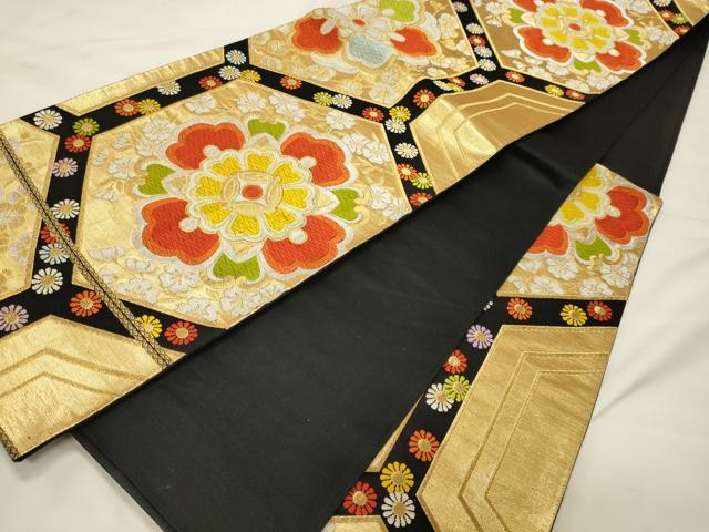 平和屋着物◎六通柄袋帯 唐織 正倉院花文 黒地 金銀糸 正絹 逸品 CABH2823oy