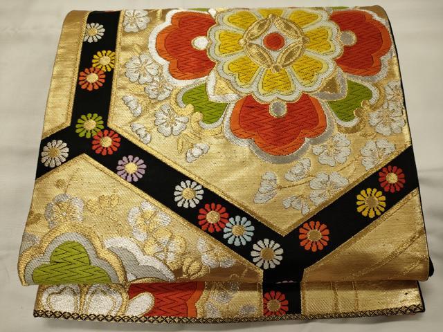 平和屋着物◎六通柄袋帯 唐織 正倉院花文 黒地 金銀糸 正絹 逸品 CABH2823oy