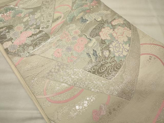 平和屋着物◎六通柄袋帯 プラチナ二丁箔 流水飛鶴花松文 正絹 逸品 CABH2835oy