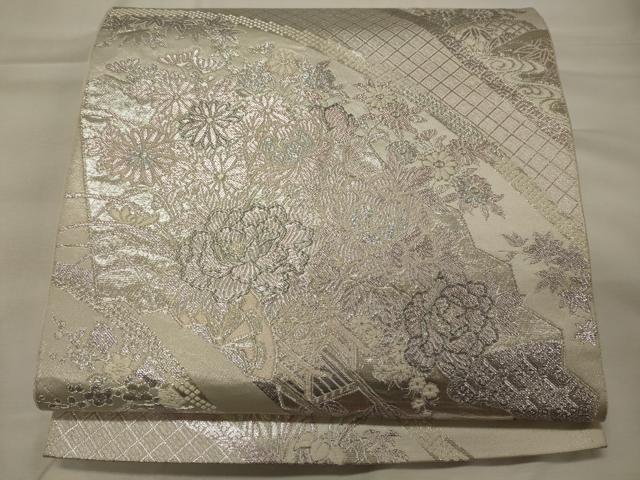 平和屋着物◎六通柄袋帯 花車文 銀糸 正絹 逸品 CABH2839oy