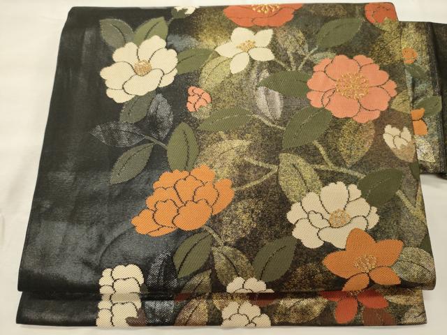 平和屋着物◎九寸名古屋帯 舞花文 黒地 金糸 正絹 逸品 CABH2870oy