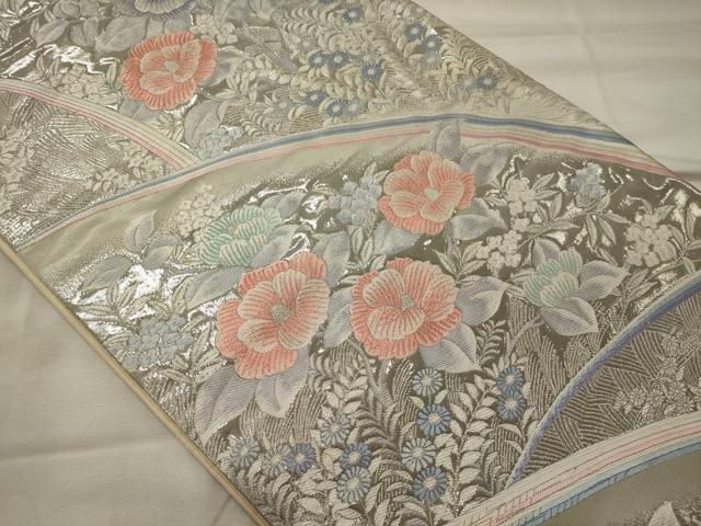 平和屋着物◎六通柄袋帯 九百錦 プラチナ箔 草花文 正絹 逸品 CABH2884oy