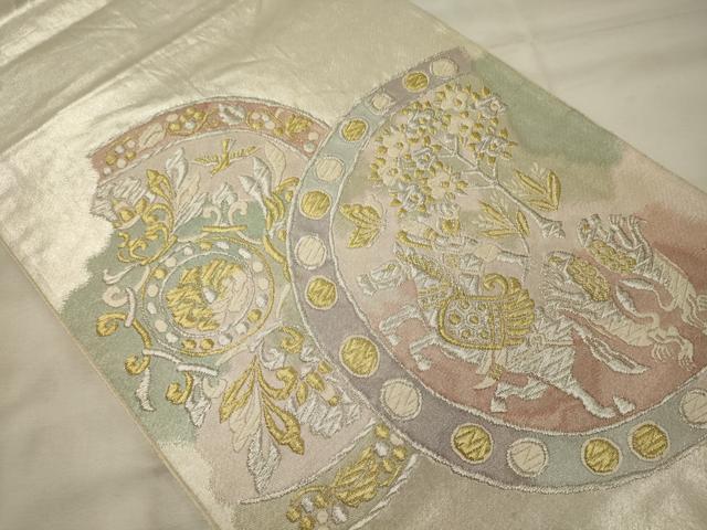平和屋着物◎太鼓柄袋帯 唐織 狩猟丸文 金銀糸 正絹 逸品 CABH2888oy