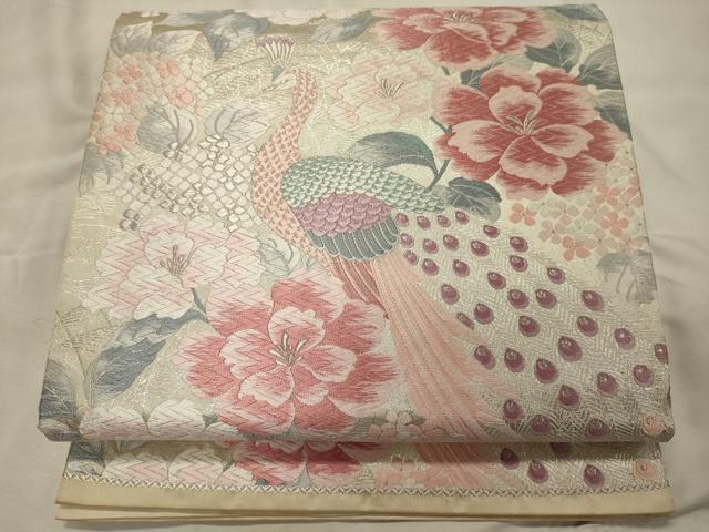 平和屋着物◎六通柄袋帯 唐織 孔雀花文 銀糸 正絹 逸品 CABH2895oy