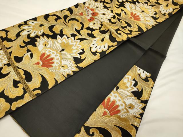 平和屋着物◎六通柄袋帯 更紗花唐草文 黒地 金糸 正絹 逸品 CABH2896oy