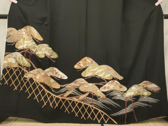 平和屋着物■黒留袖 駒刺繍 笠松飛鶴花文 金彩 洗える着物 CABH2960oy