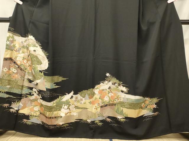 平和屋着物■豪華黒留袖 駒刺繍 飛鶴花松文 金彩 正絹 逸品 CABH3031oy
