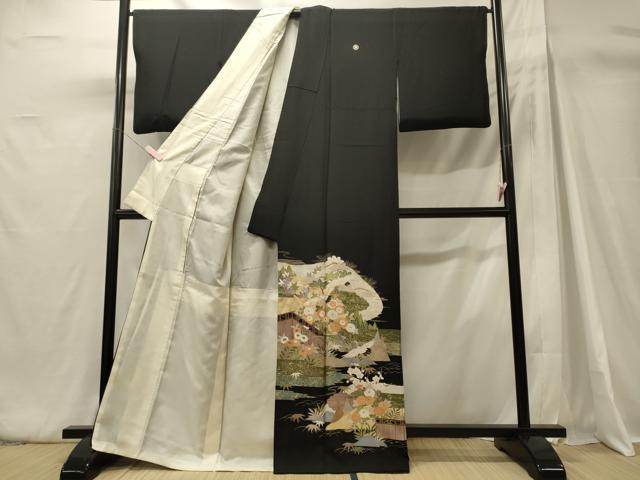 平和屋着物■豪華黒留袖 駒刺繍 飛鶴花松文 金彩 正絹 逸品 CABH3031oy